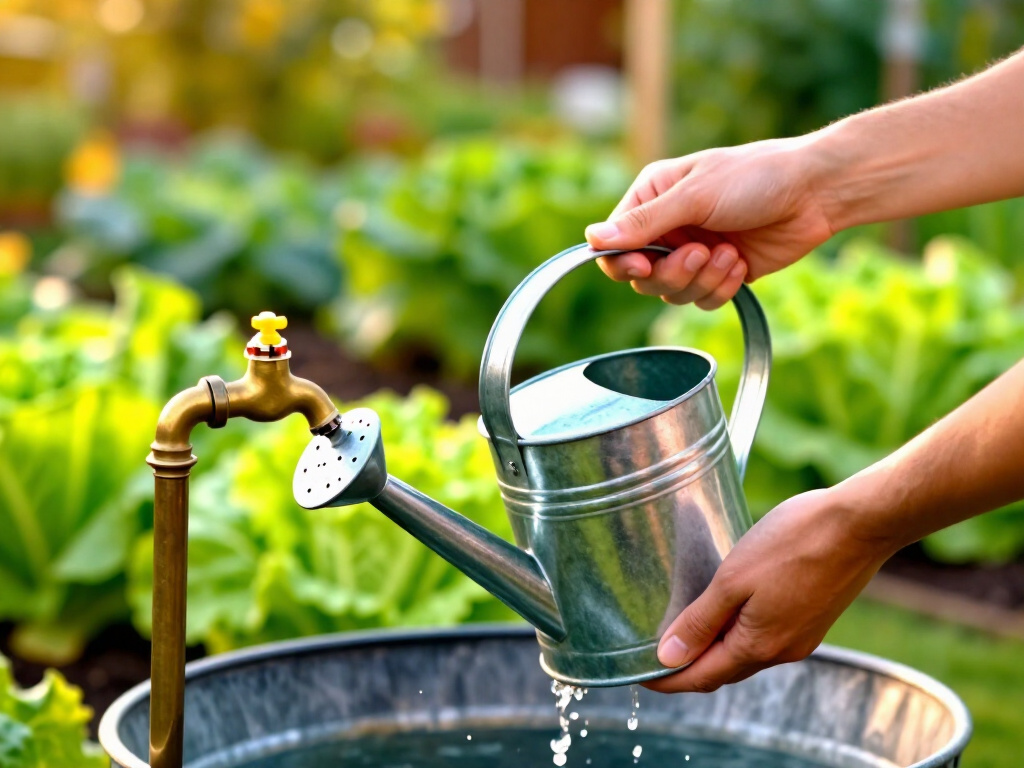 Arrosoir rempli au robinet d'un récupérateur d'eau de pluie devant un potager