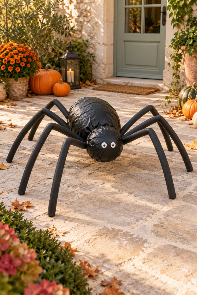 Araignée géante DIY avec huit pattes en mousse devant une entrée décorée pour Halloween