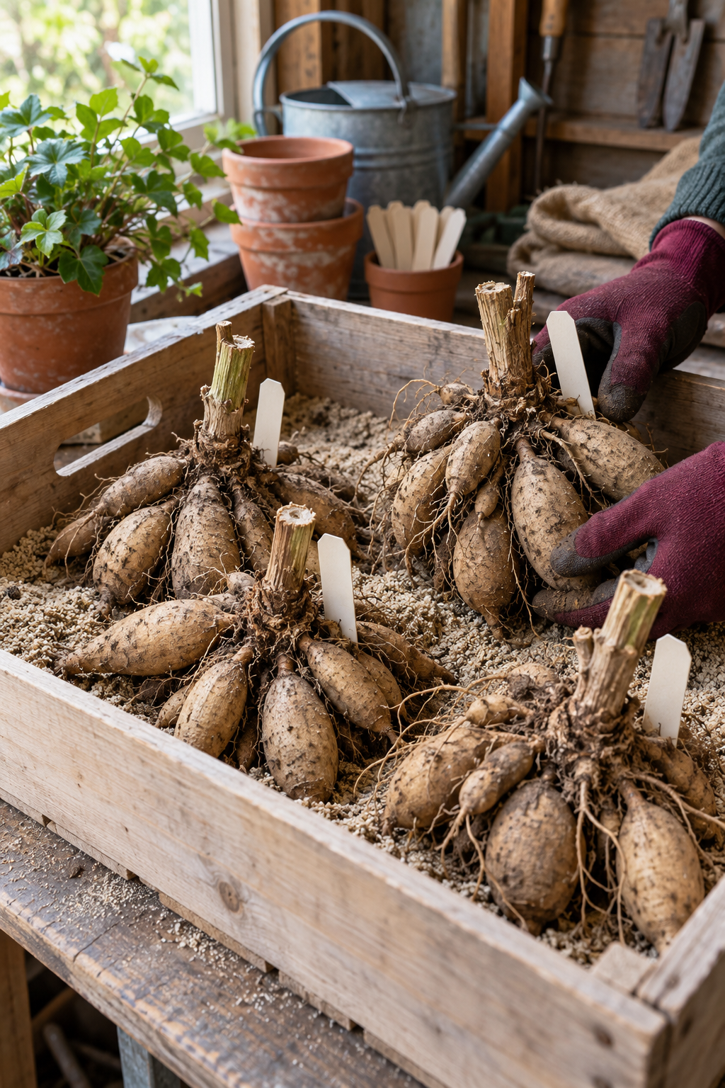 Touffes de tubercules de dahlias dans une caisse en bois avec des étiquettes