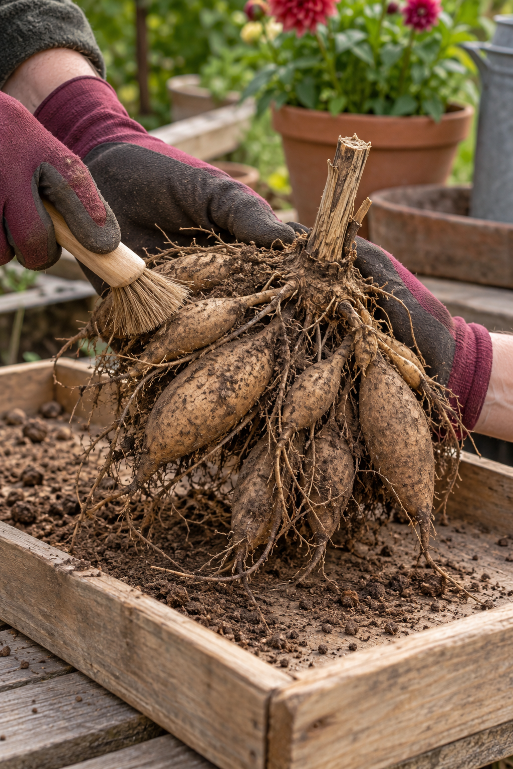 Retrait délicat de la terre autour de tubercules de dahlia avec une brosse souple