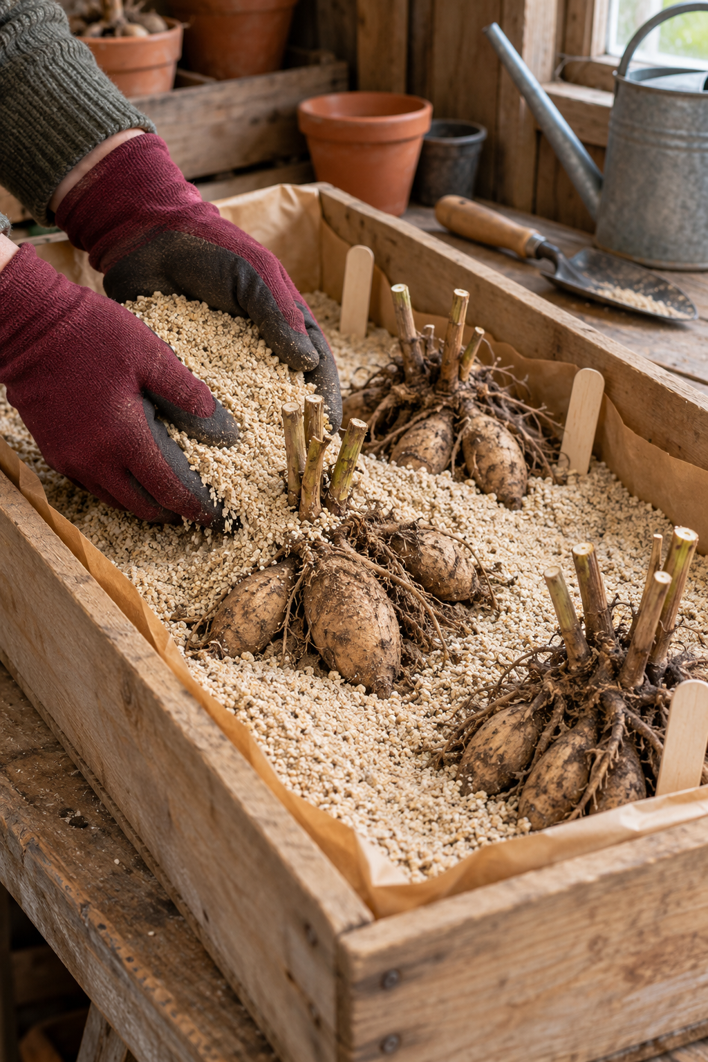 Rangement de tubercules de dahlias dans une caisse contenant du sable sec