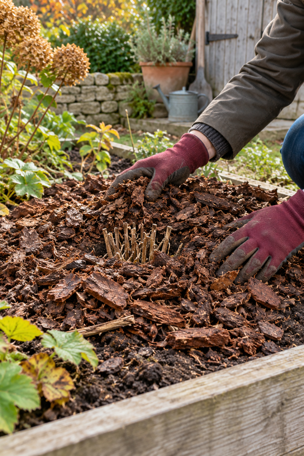 Paillage épais au-dessus d’un pied de dahlia rabattu laissé en terre