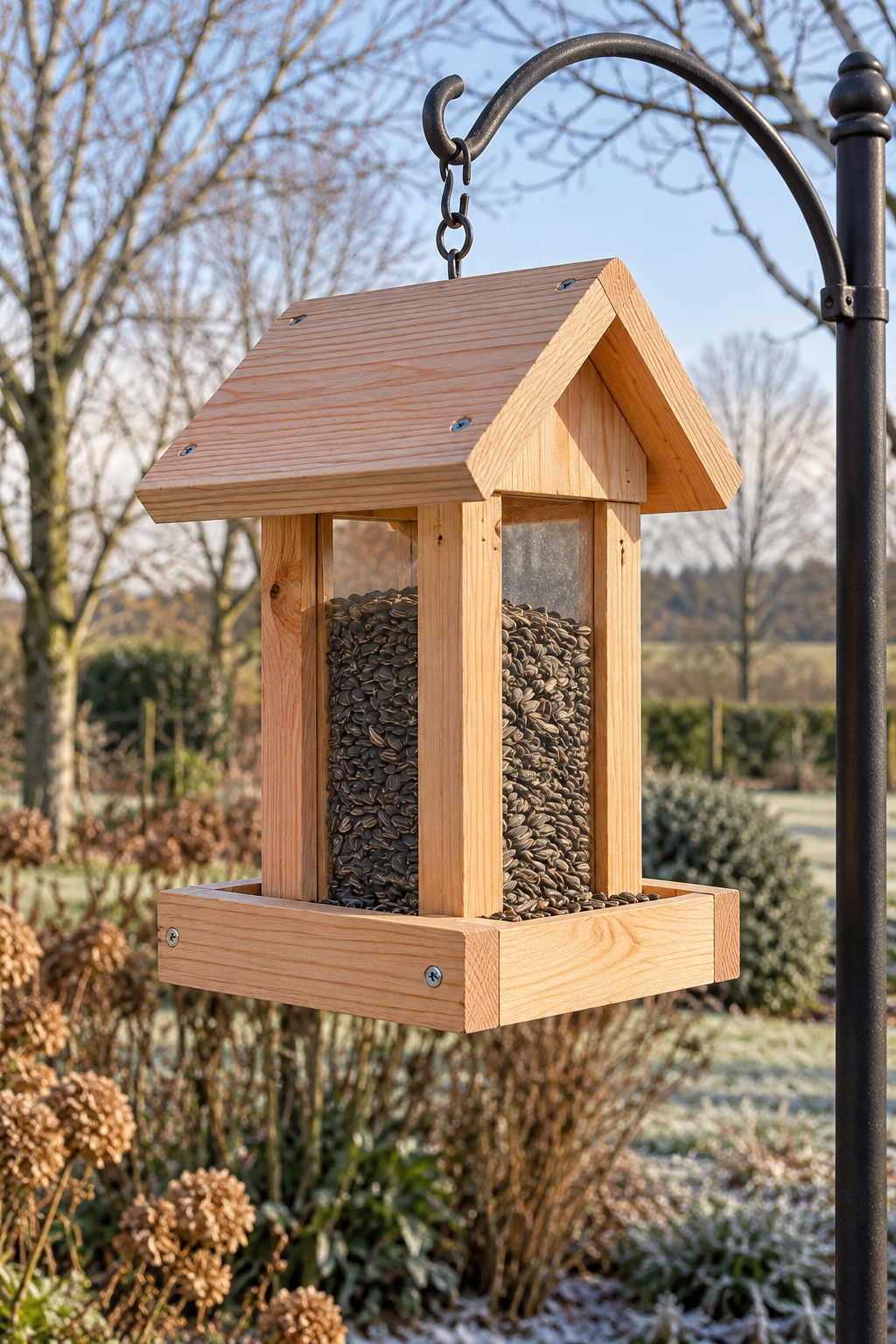 Mangeoire à trémie en bois brut avec parois transparentes et toit à deux pentes