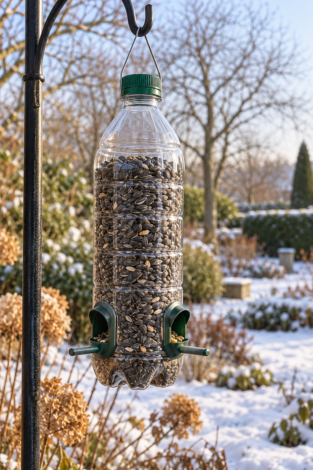 Bouteille transparente recyclée en silo à graines avec deux embouts de nourrissage