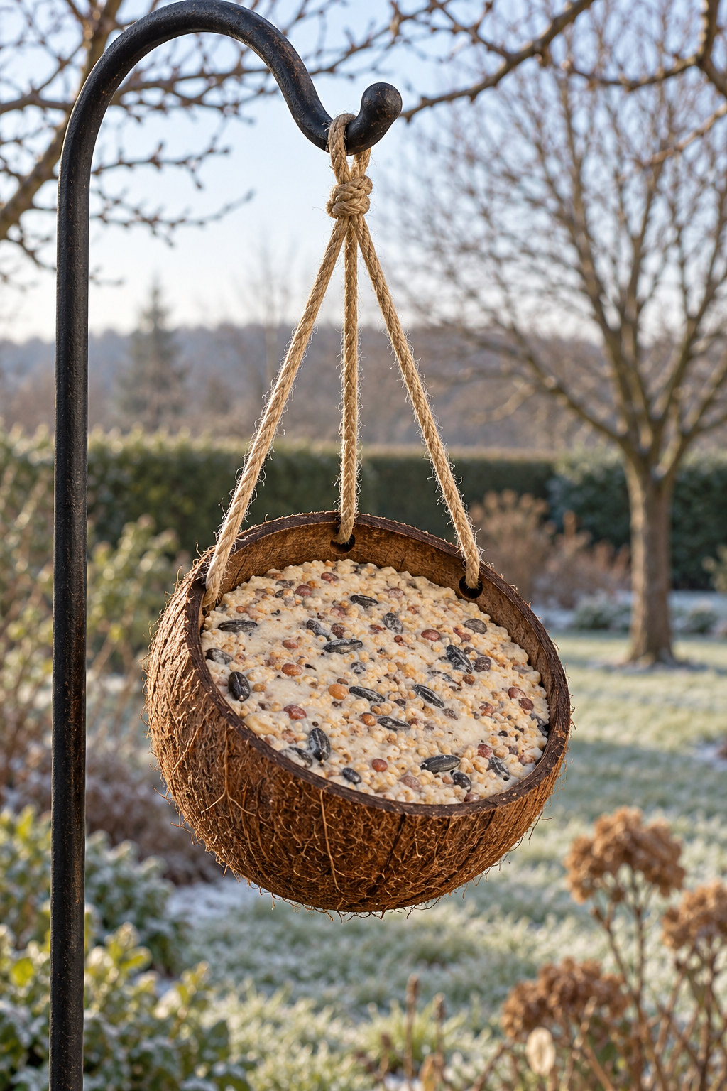 Demi-coque de noix de coco suspendue contenant un pain de graisse et de graines