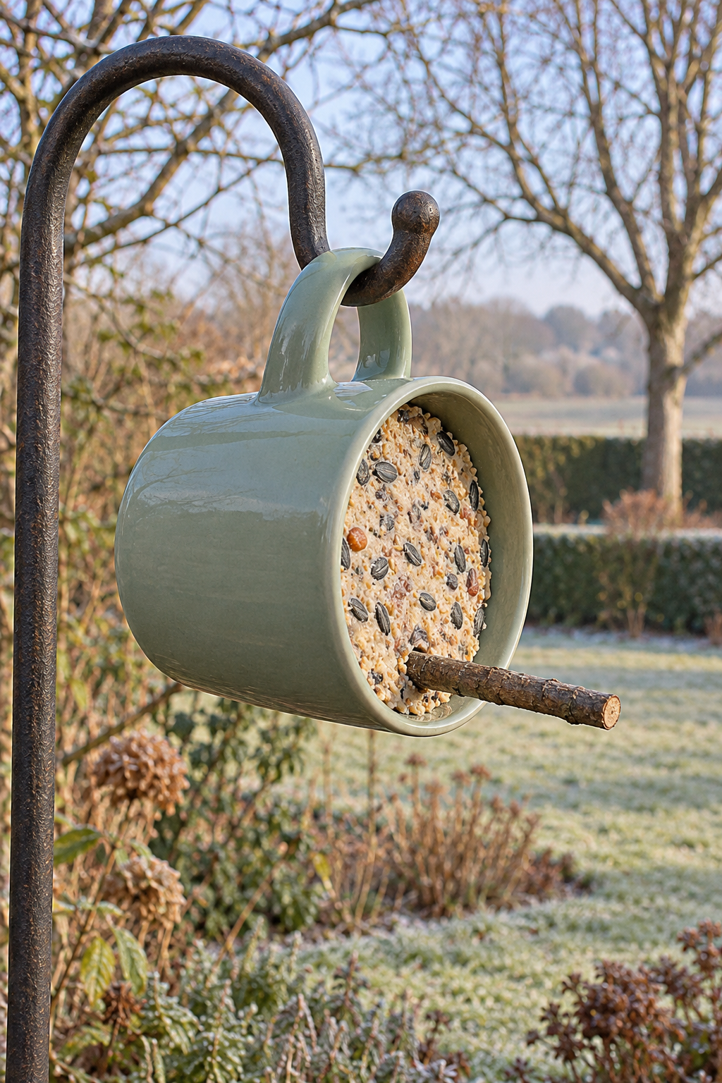 Tasse verte suspendue par son anse avec bloc alimentaire aux graines et petit perchoir