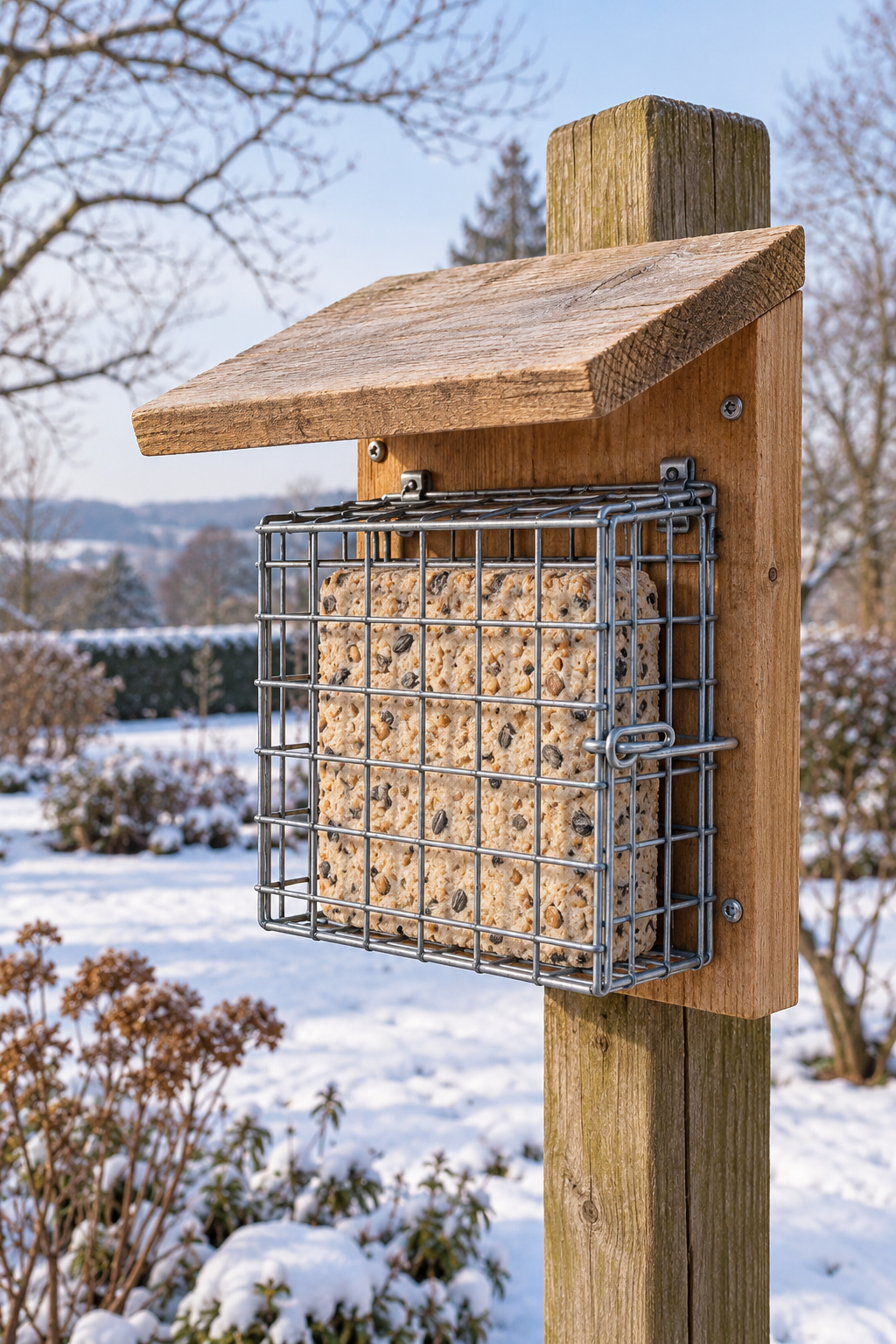 Cage métallique ouvrante pour pain de graisse fixée sur une planche avec petit toit