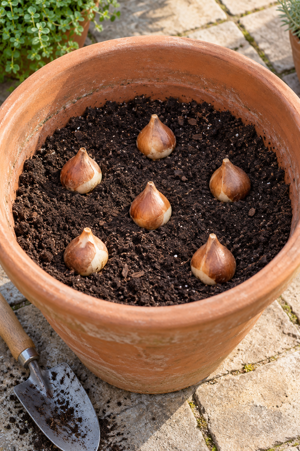 Bulbes de tulipes espacés sur le terreau, pointes vers le haut, avant recouvrement