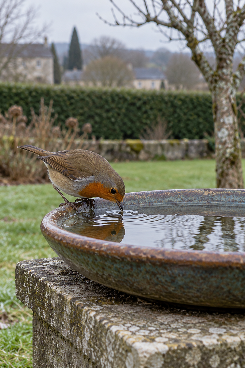 Rougegorge familier buvant dans une coupelle d'eau propre au jardin
