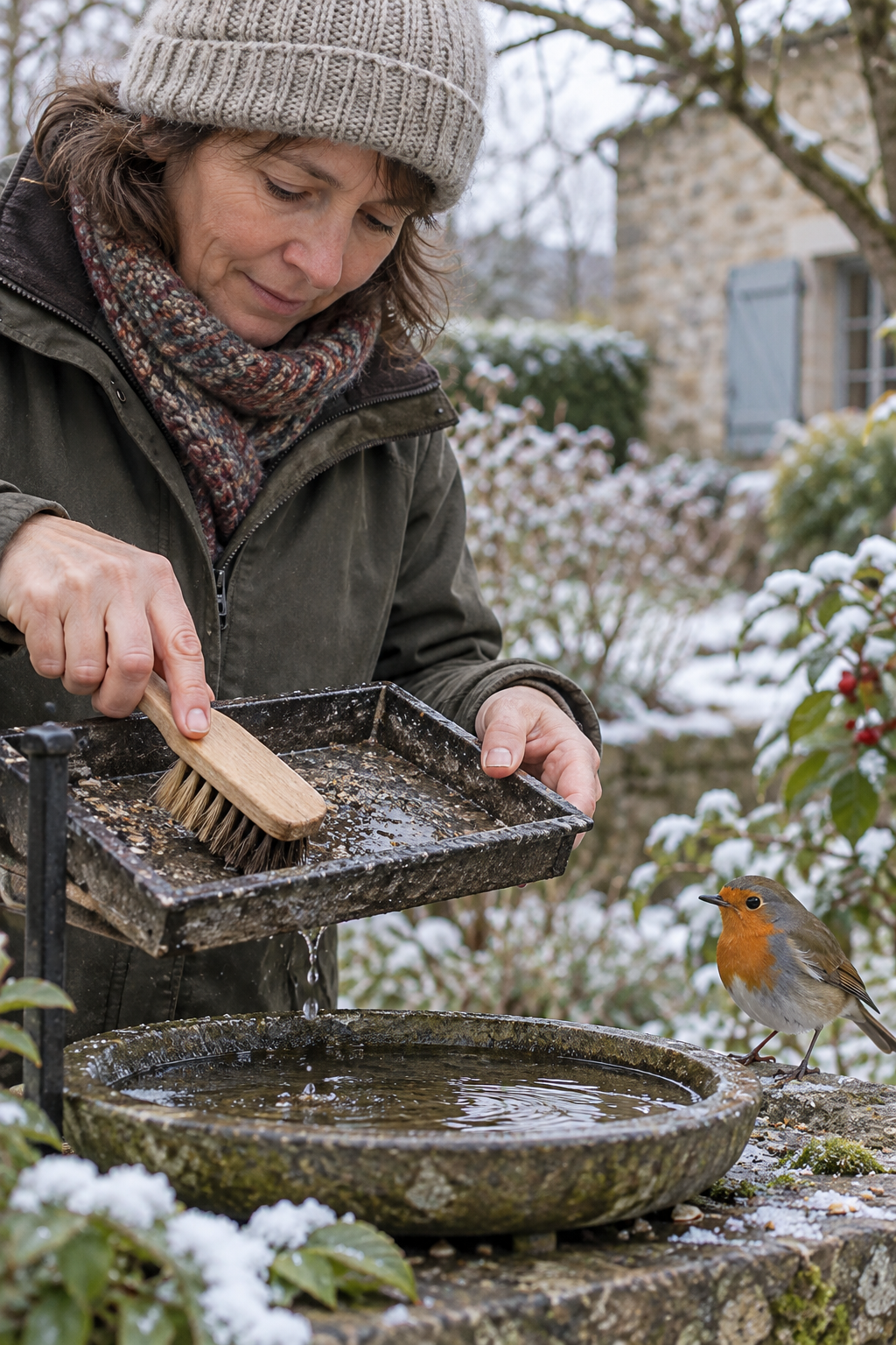 Nettoyage d'un plateau de nourrissage et d'un point d'eau pour oiseaux