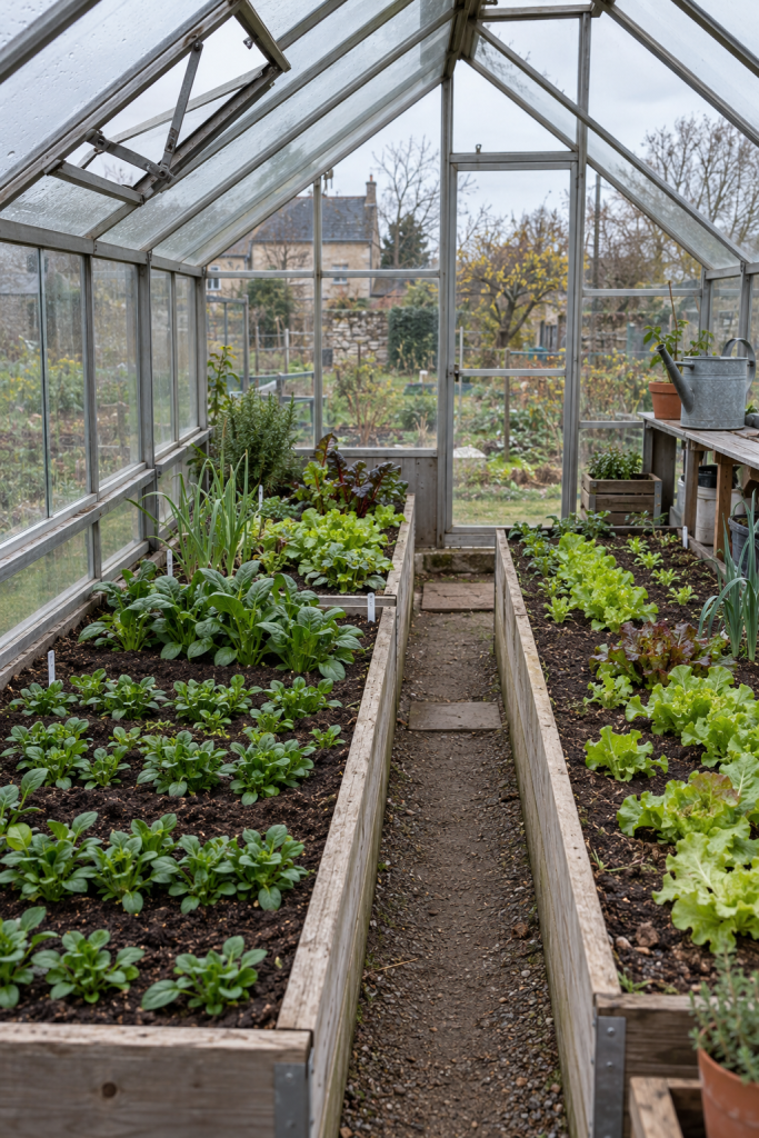 Petite serre non chauffée avec légumes d'hiver en planches