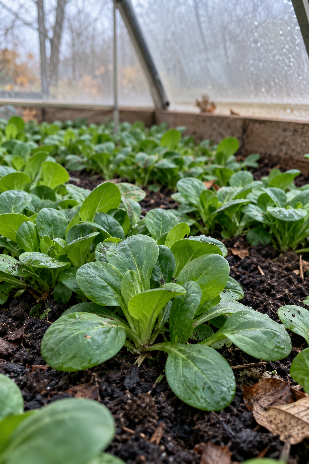 Mâche en rosettes cultivée sous serre froide