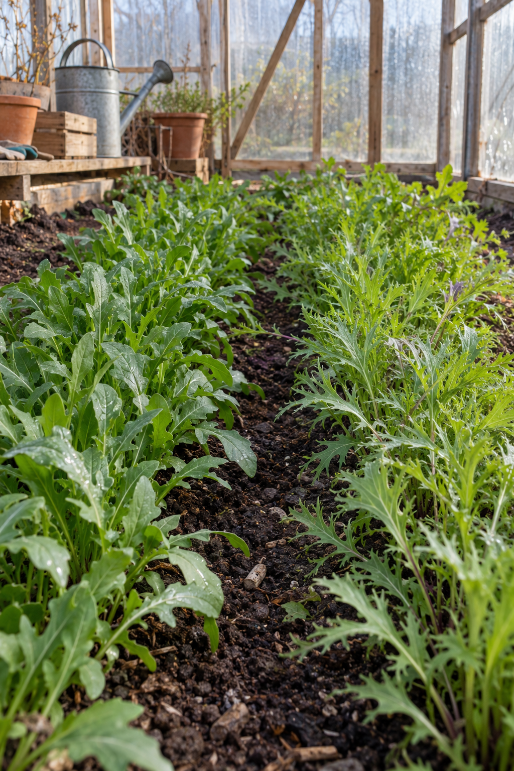 Rangs de roquette et de mizuna dans une serre
