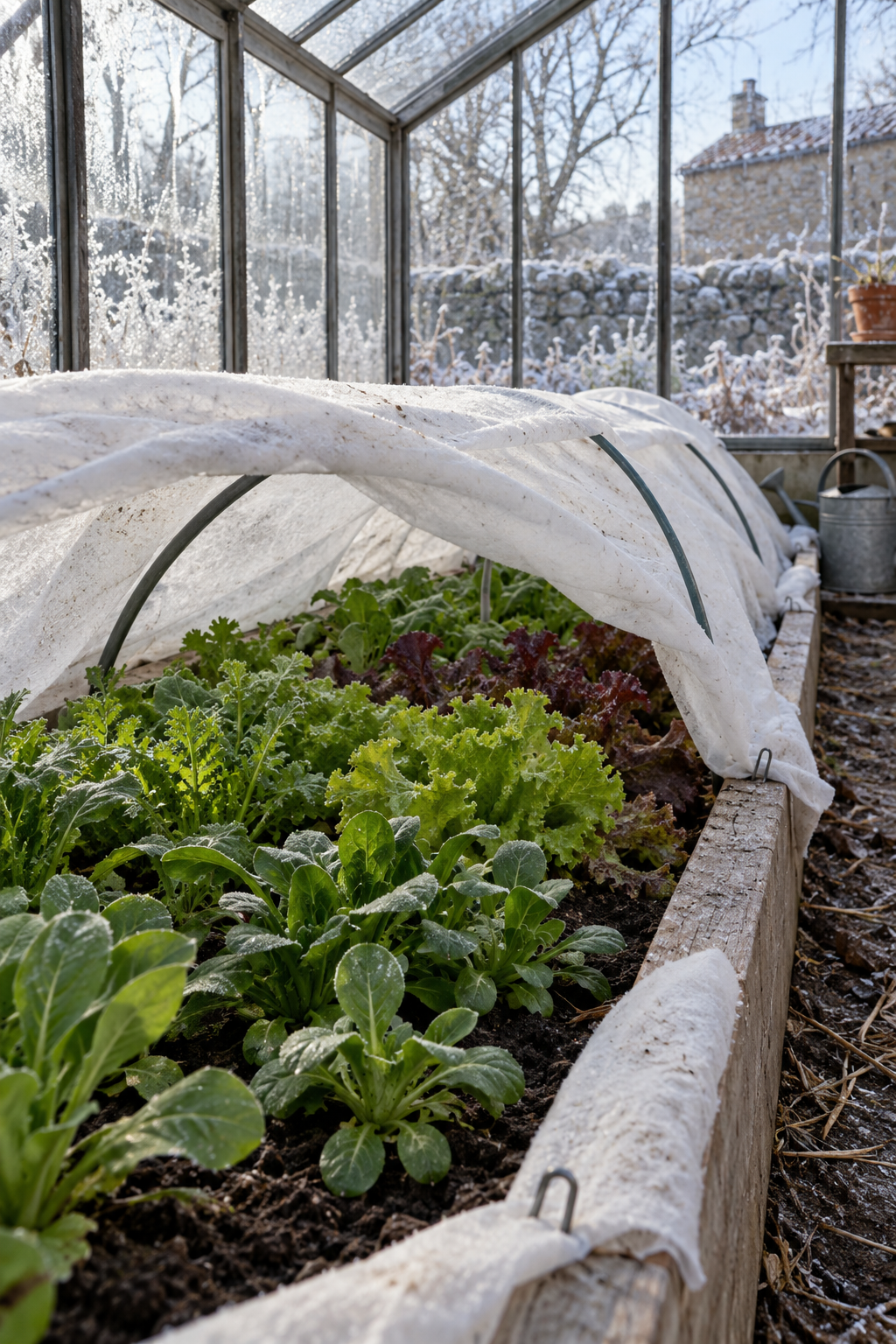 Voile d'hivernage sur arceaux protégeant des salades sous serre