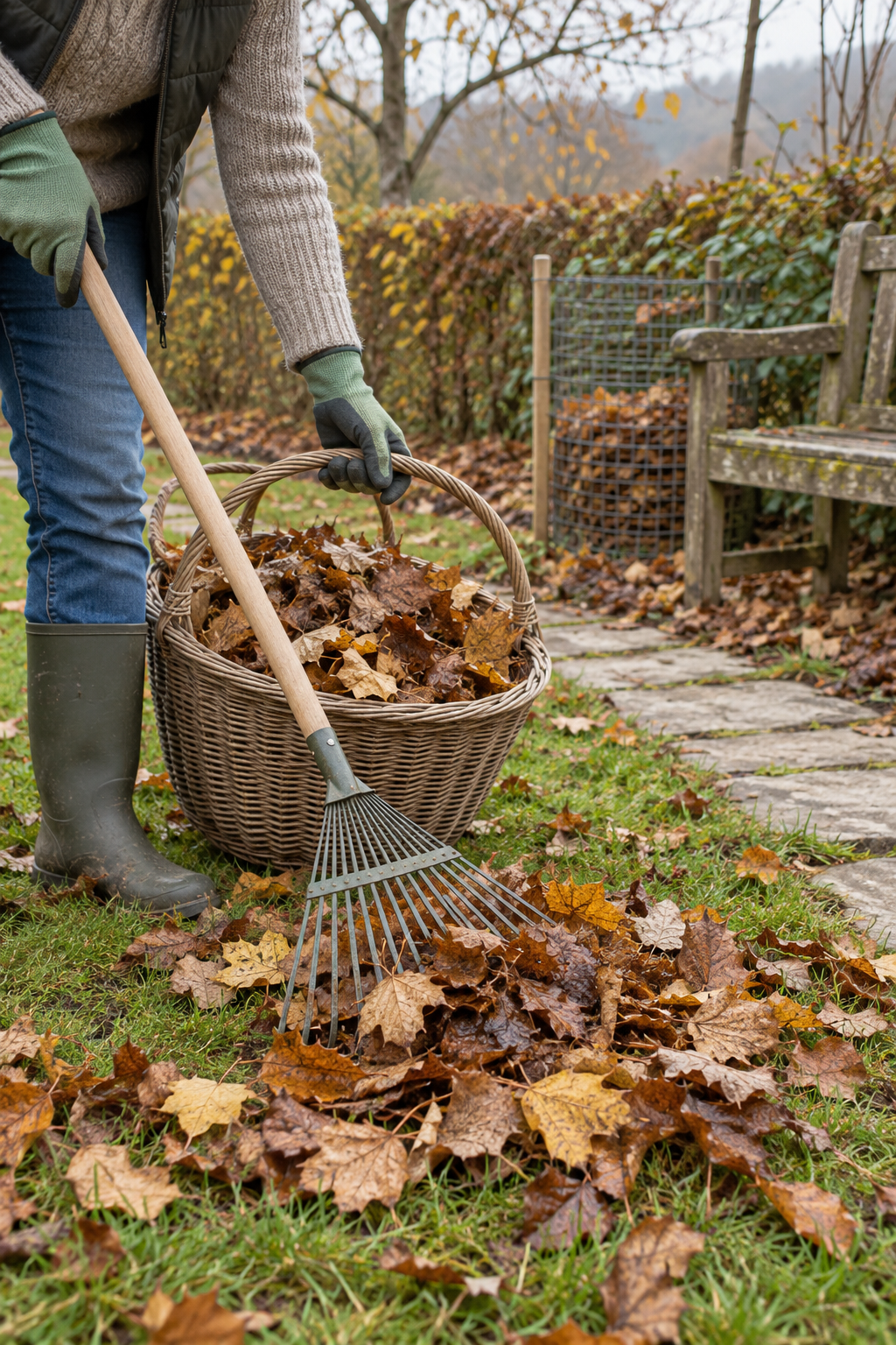 Ramassage de feuilles mortes au râteau sur une pelouse, près d’un panier