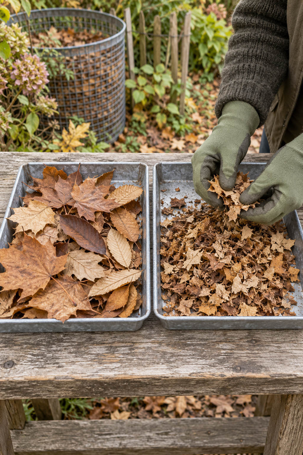 Feuilles entières et feuilles fragmentées présentées dans deux plateaux