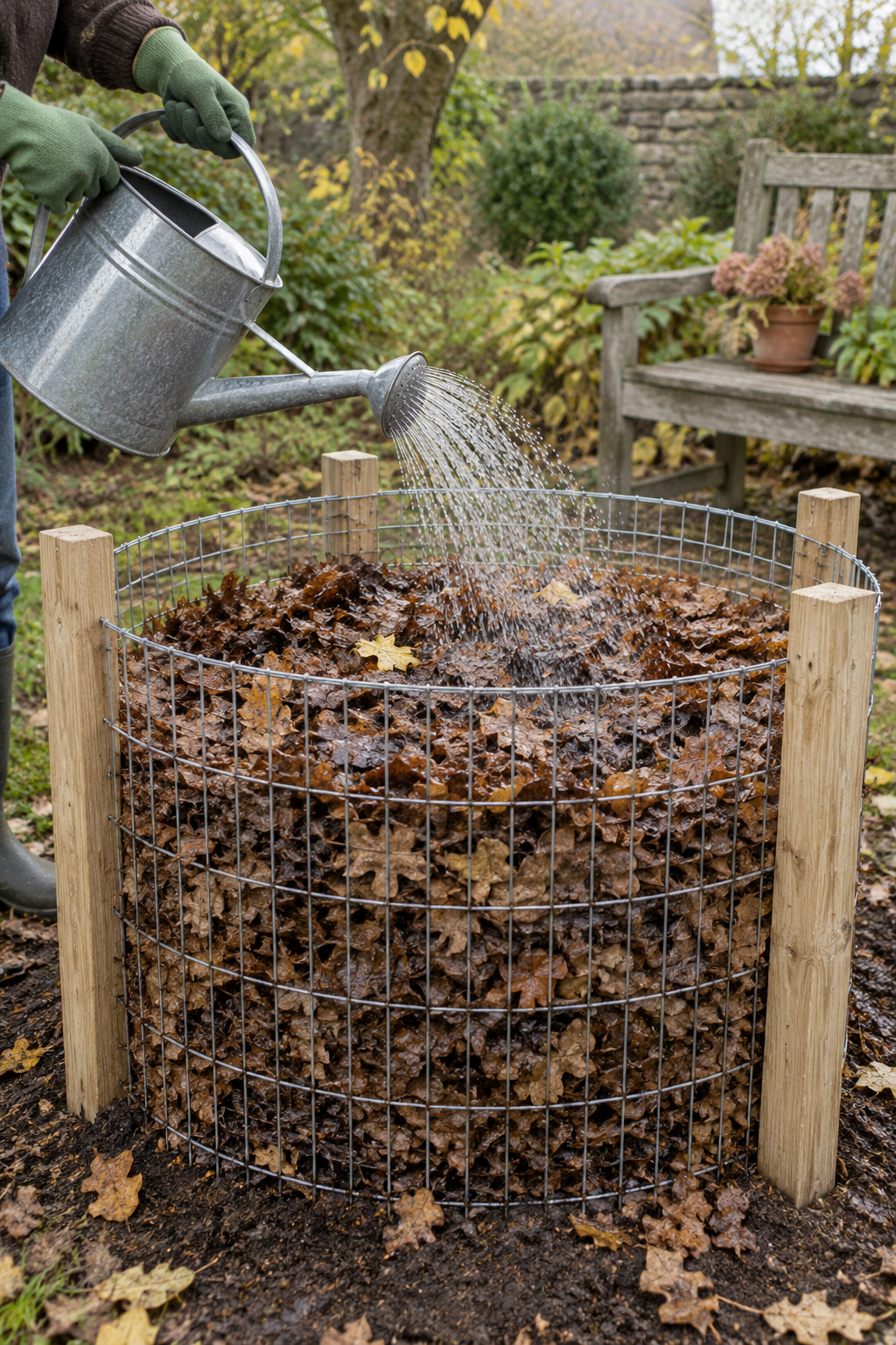 Humidification des feuilles mortes dans un bac grillagé avec un arrosoir
