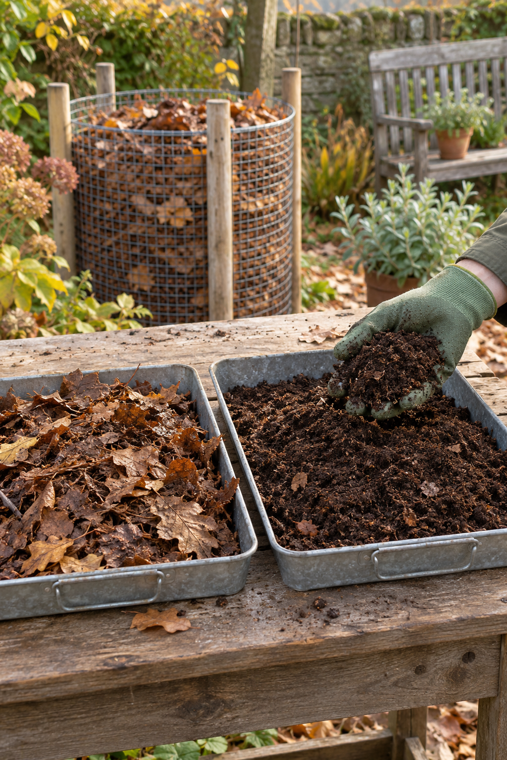 Comparaison entre feuilles encore reconnaissables et matière brune plus décomposée