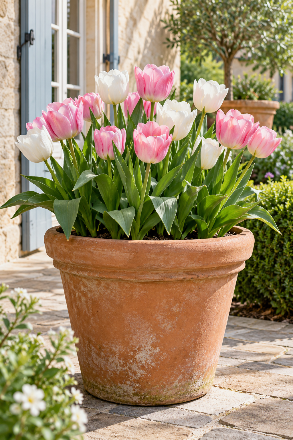 Tulipes roses et blanches en fleurs dans un grand pot en terre cuite